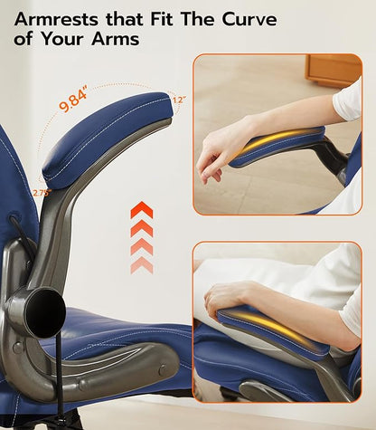 Office Desk Chair, Ergonomic Computer Chair with Padded Flip-Up Arms and Adjustable Lumbar Support, PU Leather Executive Chair with Tilt Lock and 360° Swivel Rolling Wheels for Work, Study