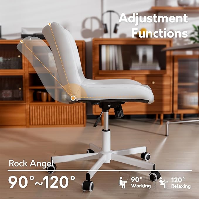 Armless Desk Chair, Morden Home Office Chair no Arms, Adjustable Height & Rocking Computer Chair, PU Leather Vanity Chair, Ergonomic Seat Soft Padded Desk Chairs for Home Small Space, White