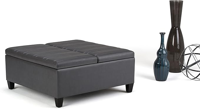 SIMPLIHOME Ellis 36 inch Wide Contemporary Square Coffee Table Storage Ottoman in Stone Grey Vegan Faux Leather, Assembled, For the Living Room and Bedroom