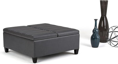 SIMPLIHOME Ellis 36 inch Wide Contemporary Square Coffee Table Storage Ottoman in Stone Grey Vegan Faux Leather, Assembled, For the Living Room and Bedroom