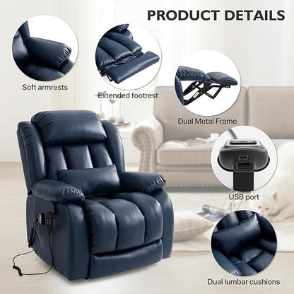 EDILLY Extra Large Power Lift Recliner Chairs for Elderly,Infinite Position Lay Flat Dual Motor Recliners Chair,with Heating and Massage, Breathable Leather,USB Ports and Remote Control(Blue)