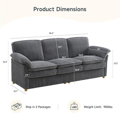 ONBRILL 86.6" Corduroy Couches for Living Room, Comfy 3 Seater Sofa with Pillow-Top Armrest & Dual-Layer Cushions, Mid Century Modern Couch for Bedroom, Apartment, Grey