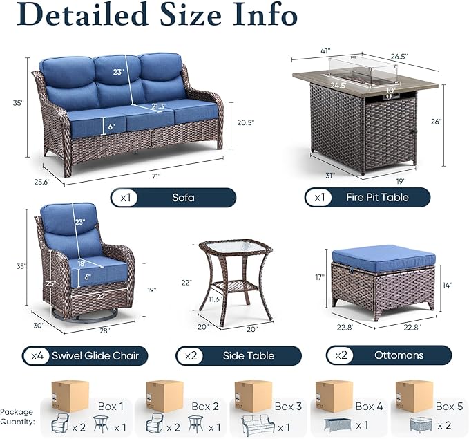 Belord Luxury 6" Thick Cushioned 10 Pieces Patio Furniture Set with Fire Pit Table, Wicker Outdoor Conversation Set with High Back Swivel Rocker Chairs for Deck Porch Yard and Poolside - Brown+Blue