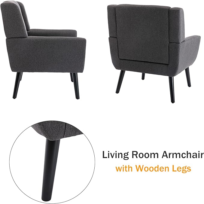 Dolonm Midcentury Modern Accent Chair with Arms, Upholstered Fabric Reading Side Chair Tufted Back Decorative Wingback Chair for Living Room Bedroom (Dark Grey)