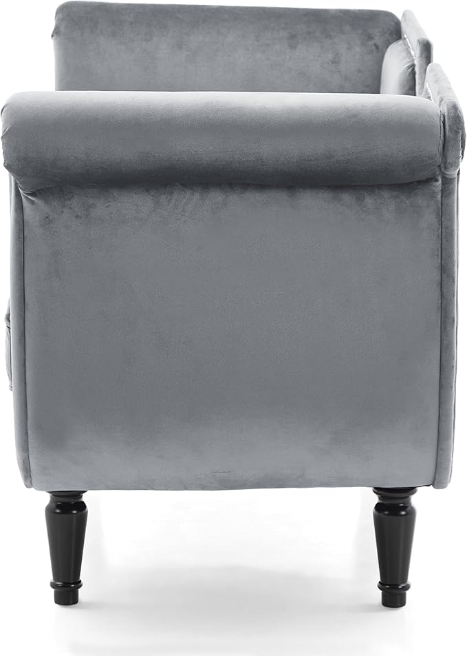 Christopher Knight Home Aurora Velvet Chaise Lounge Indoor with 2 Bolster Pillows, Upholstery Entryway Bench with Nailhead Trim & Curved Arms, End of Bed Bench Ottoman and Wooden Legs, Grey