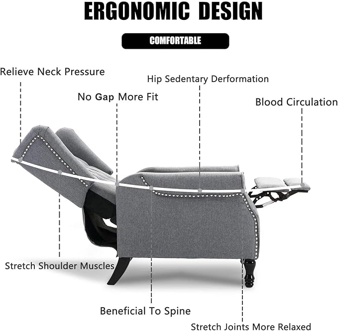 Pushback Recliner Chair, Modern Accent Arm Chair, Fabric Wingback Chair for Living Room Bedroom, Grey