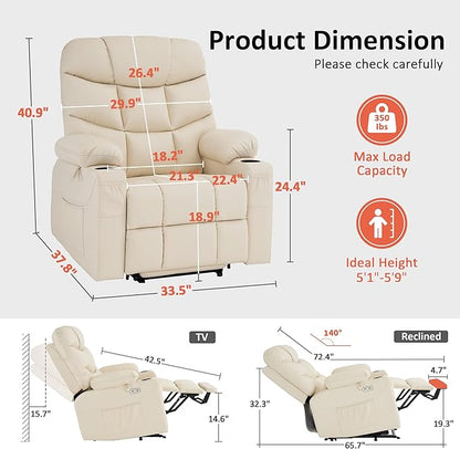 MCombo Power Lift Recliner Chair with Extended Footrest for Elderly People, Faux Leather 7287 (Cream White, Medium)