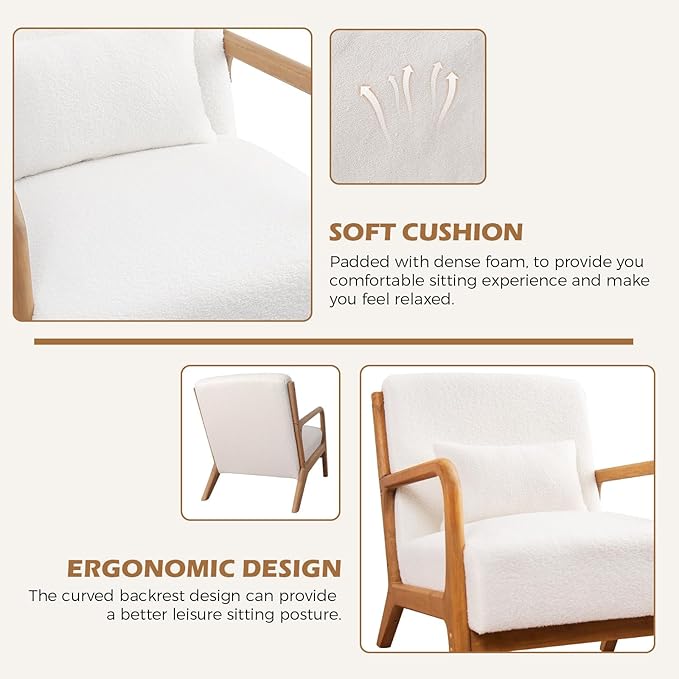 Accent Chair Mid Century Modern Chair Sherpa Fabric Living Room Chairs with Solid Wood Frame Comfy Upholstered and Lumbar Pillow Reading Side Chair Easy Assembly for Bedroom (2, White)