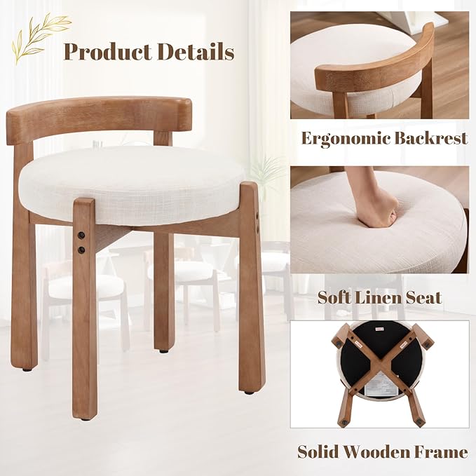 Modern Vanity Chair Upholstered Small Ottoman Footstool, Make Up Stool Linen Fabric with Backrest Wooden Frame for Living Room Bedrooms, 1PC, Beige