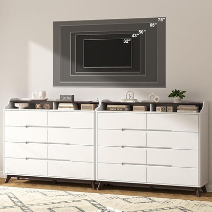 Dresser for Bedroom with 8 Drawers, 55" Large Dresser & Chest of Drawers with Charging Station, Wood Closet Clothes Storage Tall Dressers Organizer for Bedroom Living Room Hallway, White
