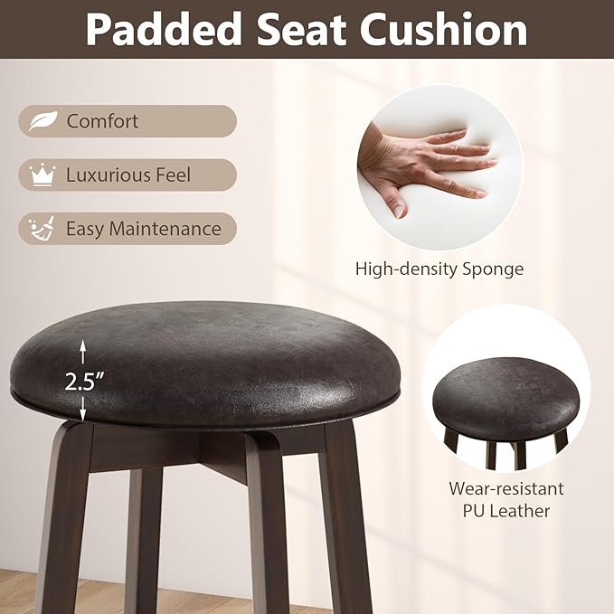 COSTWAY 29-Inch Swivel Bar Stools Set of 2, Upholstered Barstools w/PU Leather Seat & Solid Rubber Wood Legs, Mid-Century Backless Round Bar Height Stools w/Footrest for Kitchen Home Bar