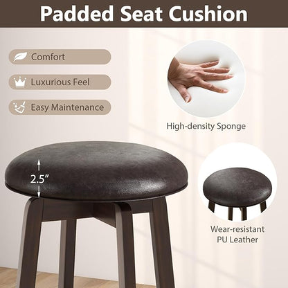 COSTWAY 29-Inch Swivel Bar Stools Set of 4, Upholstered Barstools w/PU Leather Seat & Solid Rubber Wood Legs, Mid-Century Backless Round Bar Height Stools w/Footrest for Kitchen Home Bar