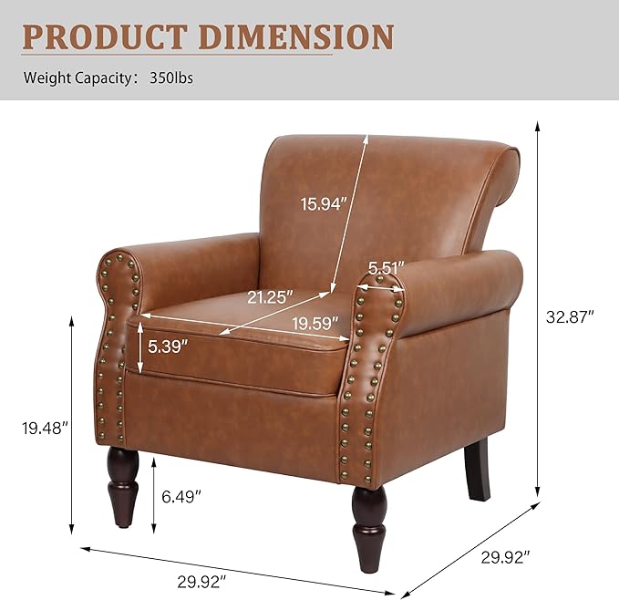 Accent Chair, Mid Century Modern Faux Leather Arm Chair with Wood Leg for Living Room, Bedroom, Comfy PU Leather Club Reading Chairs with Wingback & Nailhead Trim (Leather Brown, Set of 2)