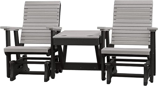 DutchCrafters Modern Horizontal Slat High Back Poly Double Glider Chairs with Center Table Outdoor Patio Furniture (Black & Light Gray)