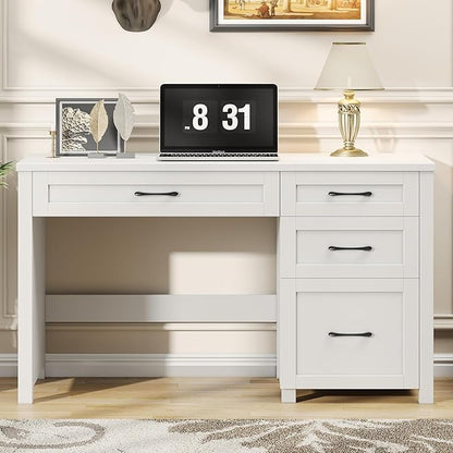 Vabches Farmhouse 47" Executive Desk, Computer Desk with File Drawer and Charging Station, Workstation for Home Office, Study,Cream White.