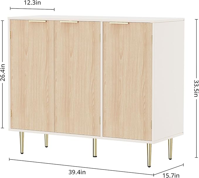 Fluted Sideboard Buffet with 3 Doors, Modern Accent Cabinet with Adjustable Shelves, Kitchen Storage Cabinet with Golden Handles, Coffee Bar for Kitchen, Living Room, Oak