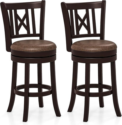 COSTWAY Bar Stools Set of 2, 26” Swivel Bar Chairs with Footrest, Rubber Wood Frame & Hollowed Backrest, Leathaire Counter Height Stools, Padded Counter Stools for Kitchen Island & Pub (2, 26'')
