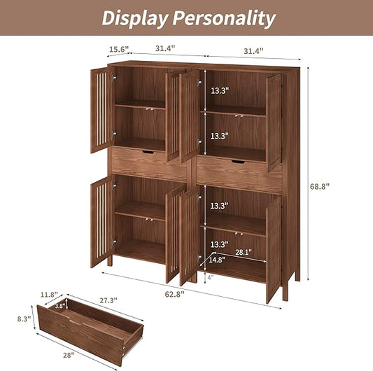 Set of 2 Rustic Brown 69" Tall Farmhouse Storage Cabinet with Drawer & Adjustable Shelves, Grille Door Organizer Unit, Anti-Tip Design for Bathroom,Kitchen,Living Room