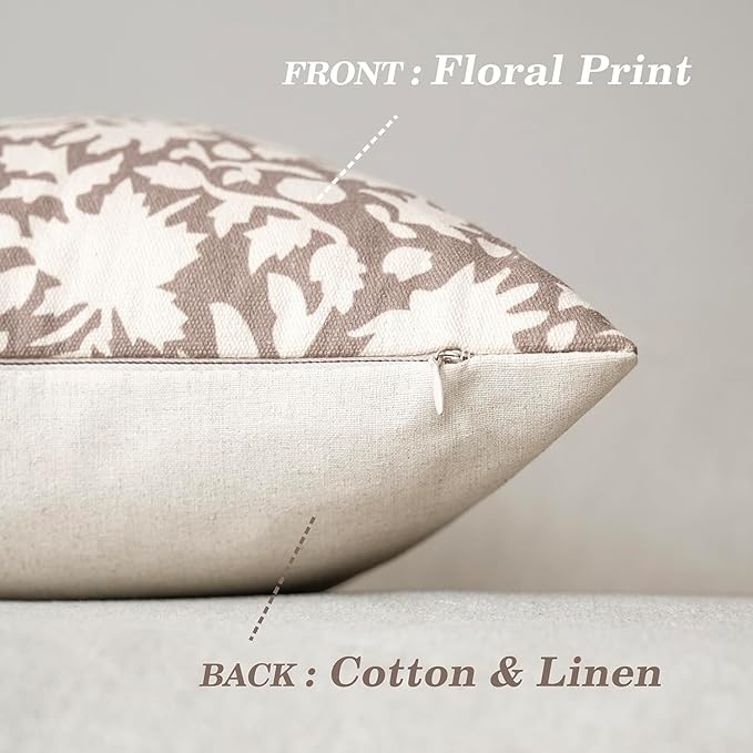 Foindtower Set of 2 Decorative Neutral Floral Throw Pillow Covers Accent Farmhouse Cushion Covers Boho Vintage Pillowcase for Couch Sofa Bedroom Living Room Home Decor,20×20 Inch,Tan