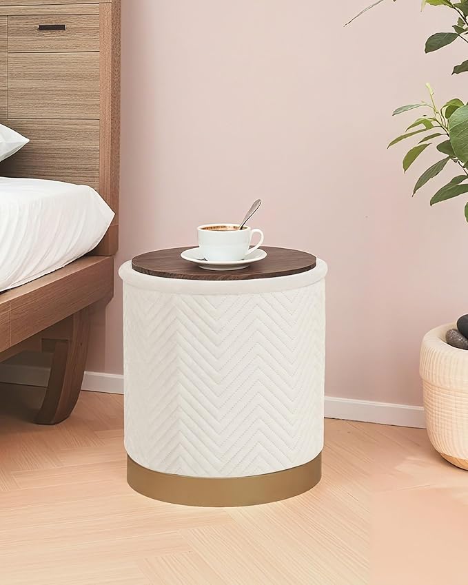 B FSOBEIIALEO Ottoman with Stroage, Round Velvet Storage Ottoman with Gold Plating Base,Foot Rest Stool for Dorm Room, Living Room White, 14.76"x14.76"x16.36"