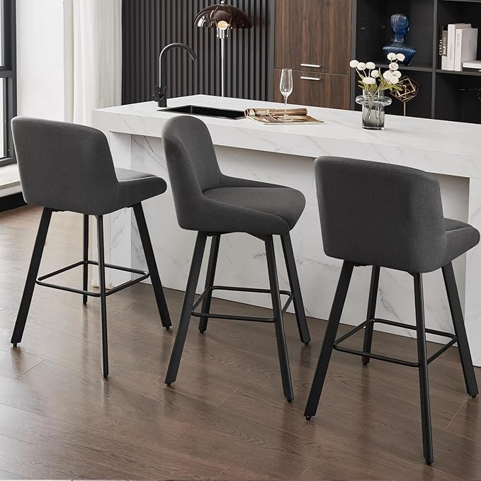 Swivel Counter Height Bar Stools Set of 3, 30''H Upholstered Barstools with Backs, Modern Bar Stool Chairs for Kitchen Island, Metal Legs, Fabric, Black Grey Stools Counter Chair