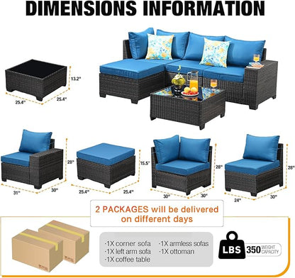 5 Pieces Patio Furniture Set All-Weather Outdoor Wicker Sectional Conversation Sofa Rattan Patio Seating Sofa with Cushion and Glass Table and Ottoman for Porch Poolside,Peacock Blue