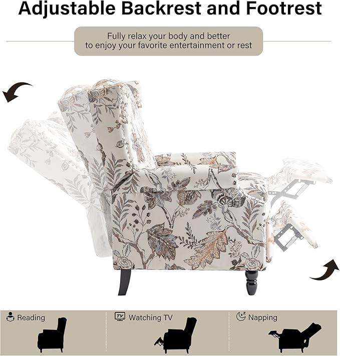 Recliner Chair, Upholstered Wingback Floral Pushback Armchair with Adjustable Backrest & Footrest, Comfy Accent Chair for Small Spaces, Living Room, Bedroom (Plants Beige, Set of 2)
