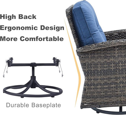 HUMMUH 5-Piece Patio Furniture Wicker Outdoor Conversation Set,All-Weather Rattan Swivel Chairs Bistro Set with Loveseat Coffee Table for Backyard,Poolside,Deck(Brown/Blue)