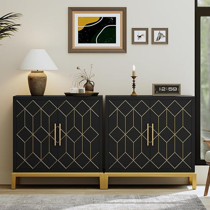 HLR Accent Cabinet with Gold Trim Set of 2,Storage Cabinet with 2 Doors,Modern Wooden Sideboard for Living Room, Kitchen, Office and Hallway(Black)