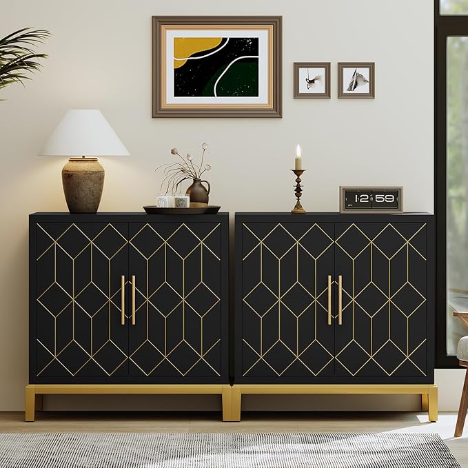 HLR Accent Cabinet with Gold Trim,Storage Cabinet with 2 Doors,Modern Wooden Sideboard for Living Room, Kitchen, Office and Hallway,Black