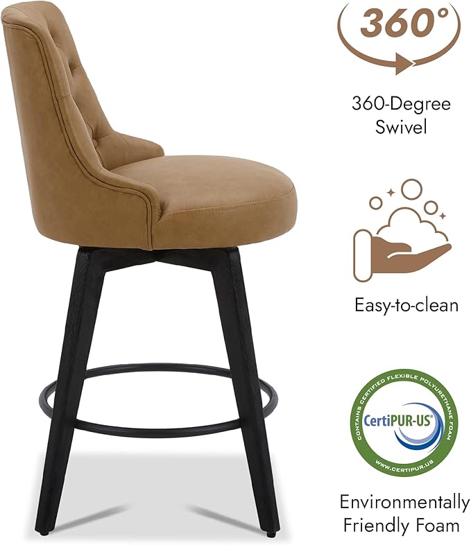 Watson & Whitely Counter Height Bar Stools, Faux Leather Upholstered Modern Swivel Barstool with Back, Solid Wood Legs, 26" H Seat, Cognac