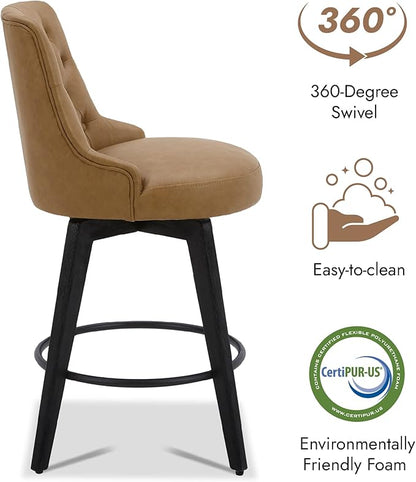 Watson & Whitely Counter Height Bar Stools, Faux Leather Upholstered Modern Swivel Barstool with Back, Solid Wood Legs, 26" H Seat, Cognac