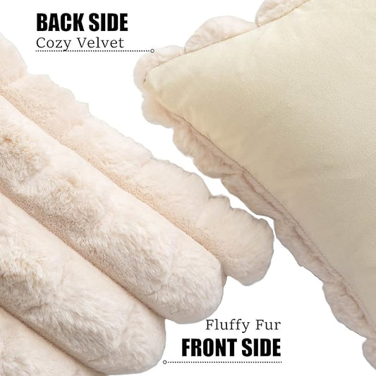 Neelvin Beige Faux Fur Cozy Soft Plaid Decorative Throw Pillow Covers 18x18 inch Set of 2,Velvet Pillowcase Cushion Case for Sofa Couch