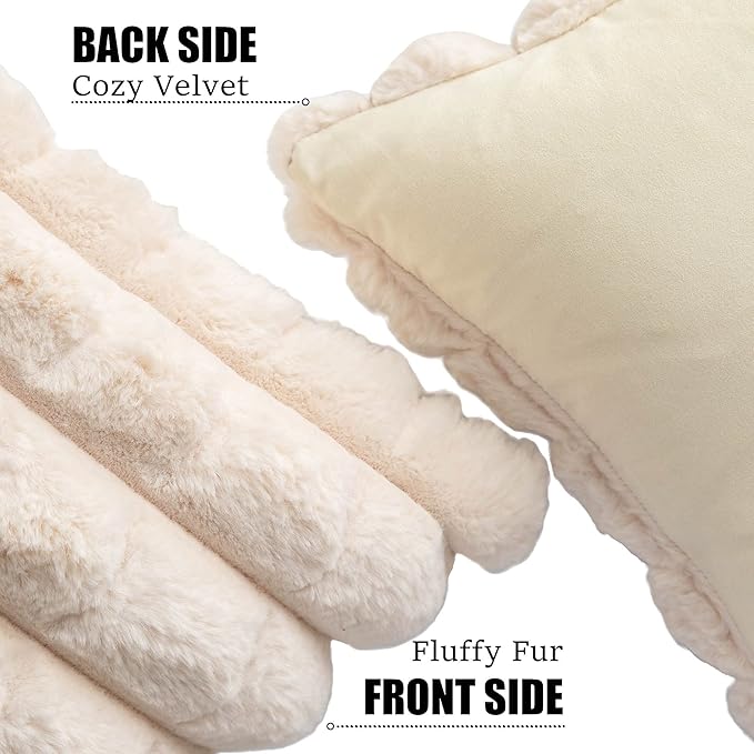 Neelvin Beige Faux Fur Cozy Soft Plaid Decorative Throw Pillow Covers 24x24 inch Set of 2,Velvet Pillowcase Cushion Case for Sofa Couch