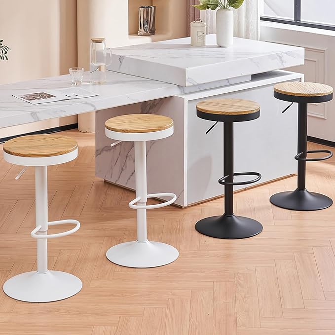 Kidol & Shellder Bar Stools Set of 4 Round Adjustable Swivel Barstools Modern Backless Bar Chairs Wooden Seat Counter Height Stools Armless for Kitchen Island, Cafe, Dining Room Black