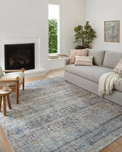 Loloi Amber Lewis Billie Collection, Denim & Blush, 2'-0" x 5'-0" Accent Rug – Antique & Distressed Accent Rugs for Living Room, Bedroom, Entryway & Hallway, No Shed High Traffic Area Home Decor Rug