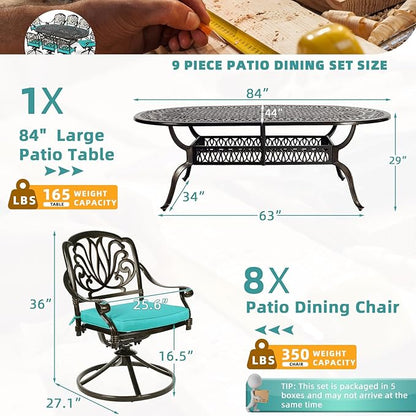 MEETWARM 9-Piece Outdoor Patio Dining Set, All-Weather Cast Aluminum Patio Conversation Set for Backyard Garden Deck with 8 Cushioned Swivel Rocker Chairs, 1 Oval Table, 2" Umbrella Hole, Ocean Blue