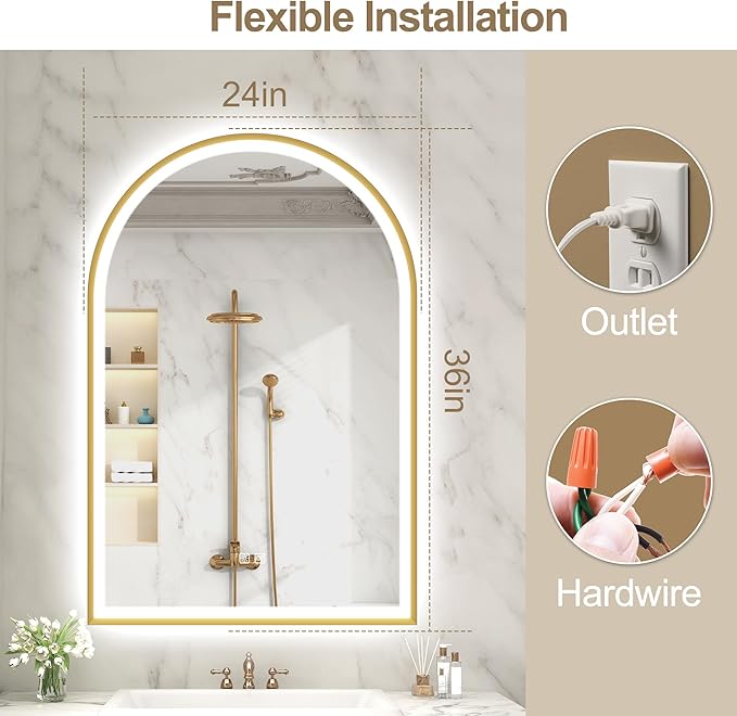 S'bagno 24x36 Arched Gold LED Mirror for Bathroom with Frontlit & Backlit, LED Bathroom Mirror with Metal Frame, Anti-Fog, Stepless Dimmable, 3 Color Temperature Vanity Mirror