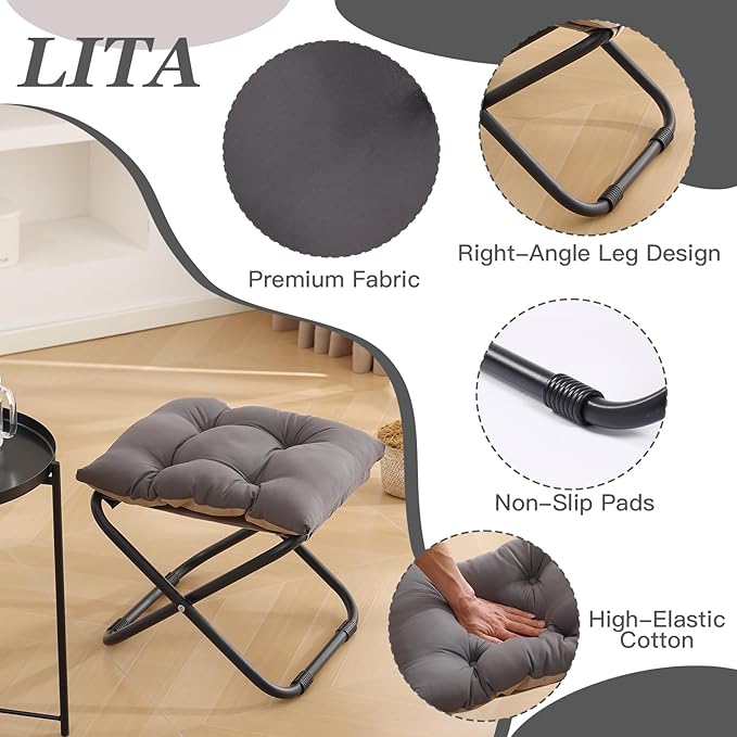 LITA Folding Upholstered Footrest with Straight & Square Shape,Small Ottoman， Dark Grey