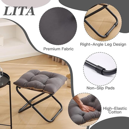 LITA Folding Footrest Stool, Portable Ottoman Foot Rest, Upholstered Small Foldable Ottoman with Detachable Thick Cotton Cushion Padded Sofa Stool for Living Room, Bedroom, Dark Grey Set