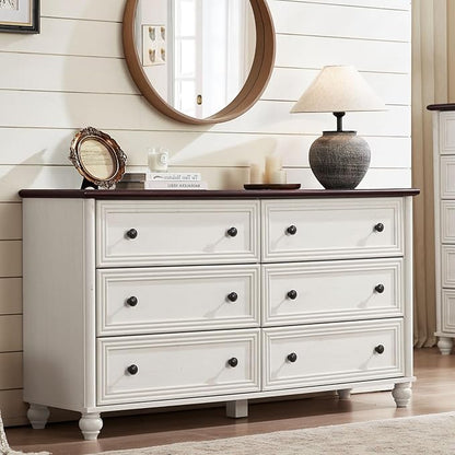 6 Drawers Dresser for Bedroom, Farmhouse 54" Wide Wood Dressers Chest of Drawers, Vintage Design TV Stand, Rustic Storage Dresser Organizer with Metal Handle Closet for Living Room, Hallway