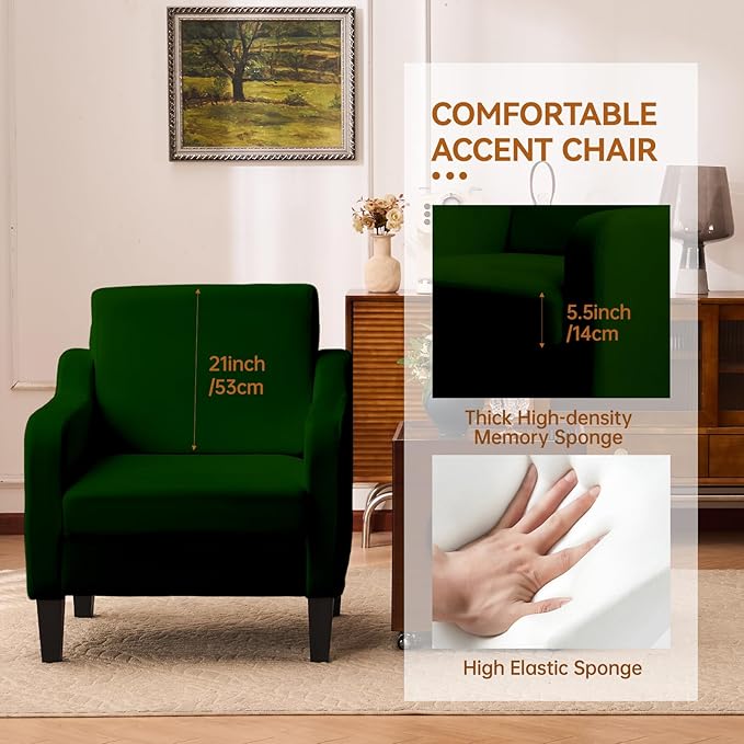 Accent Chair for Living Room, Modern Velvet Living Room Chairs with Wide Backrest, Upholstered Comfy Chair with Cushion, Oversized Sofa Chair with Wood Legs, Single Armchair, Green