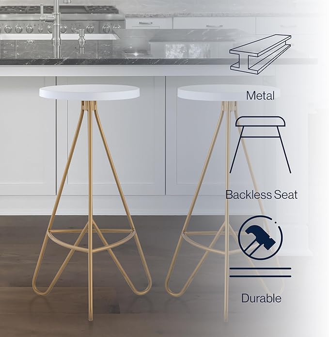 JONATHAN Y BSL1002B Trinity 30" Modern Industiral Iron Tripod Backless Bar Stool for Home, Kitchen, Dining Room, Workspaces, Cafes and Resturants, White Seat with Gold Frame