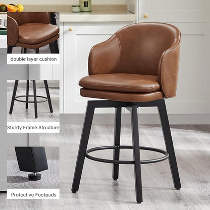 Counter Height Barstools 26 inch Upholstered Swivel Bar Stools with Back and Wood Legs for Kitchen Island,Set of 1,Brown PU Leather