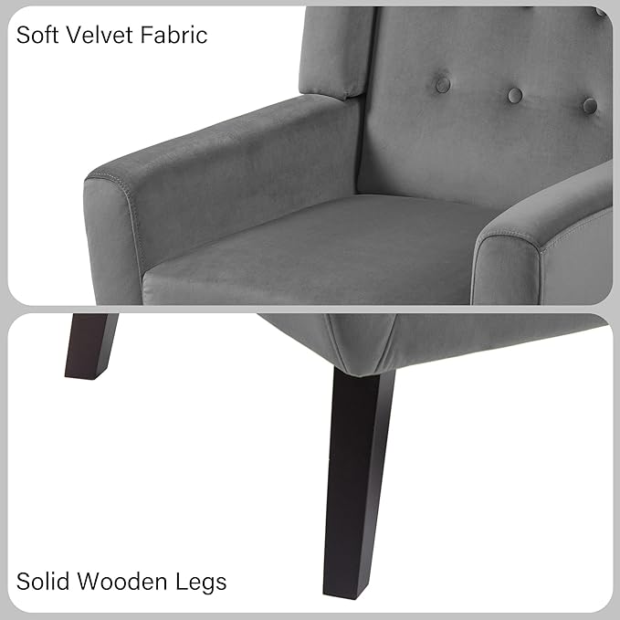 Accent Chair, Mid-Century Modern Velvet Fabric Chairs with Arms for Living Room, Comfy Upholstered Club Single Sofa Armchair for Bedroom Waiting Room with Solid Wood Frame (Velvet Grey, Set of 1)