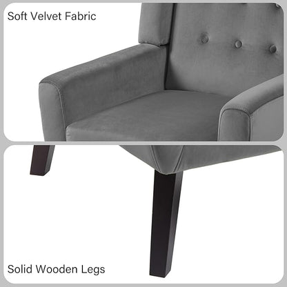 Accent Chair, Mid-Century Modern Velvet Fabric Chairs with Arms for Living Room, Comfy Upholstered Club Single Sofa Armchair for Bedroom Waiting Room with Solid Wood Frame (Velvet Grey, Set of 1)