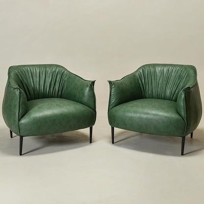 KINWELL 33" W Faux Leather Barrel Chairs Set of 2 with Hand-Tufted Pleated Back Flared Arms, Modern PU Upholstered Accent Chairs with Metal Legs, Large Armchairs Lounge Chairs for Living Room, Green