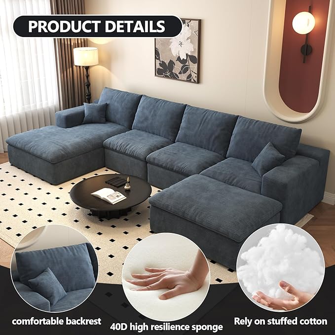 136.6'' U-Shaped Modern Modular Sectional Cloud Couch Whit Ottoman, 4-Seat Chenille Deep-Seat Sofa with Pillow for Living Room, Bedroom, Apartment, Ocean Blue