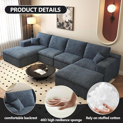 136.6'' U-Shaped Modern Modular Sectional Cloud Couch Whit Ottoman, 4-Seat Chenille Deep-Seat Sofa with Pillow for Living Room, Bedroom, Apartment, Ocean Blue