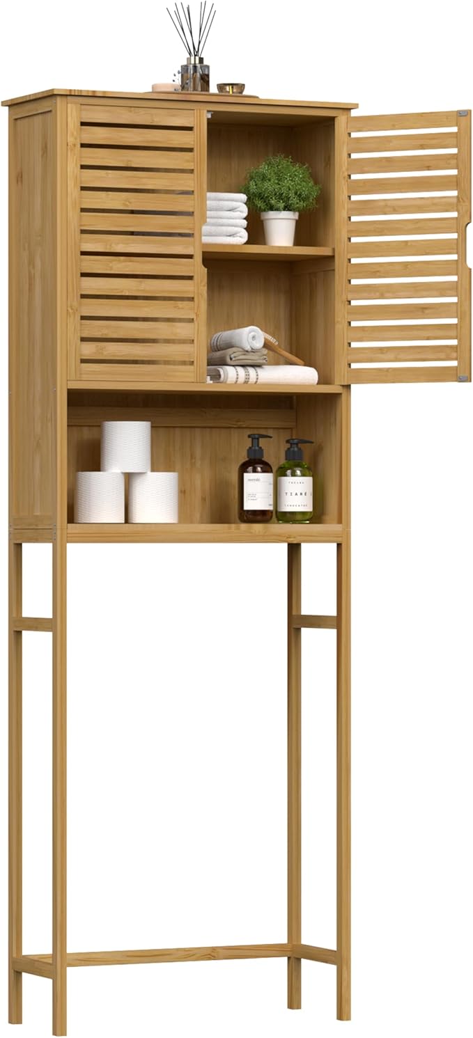 MUPATER 67" H Bathroom Over The Toilet Storage Cabinet with Doors and Shelves, Bamboo Over Toilet Organizer, Freestanding Tall Space Saver Toilet Rack, Natural Wood